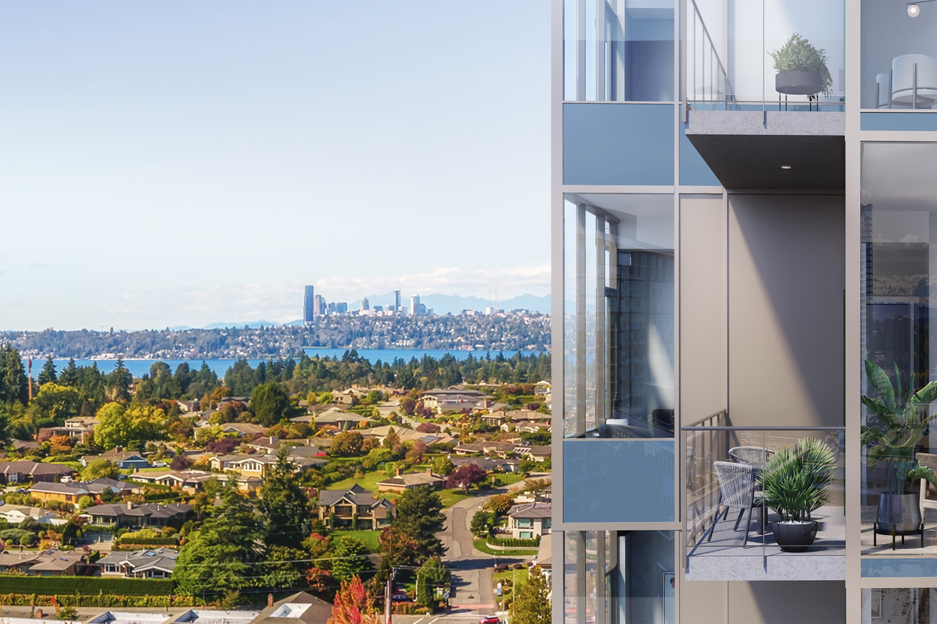 Hummingbird view of exterior closeup of building with Seattle in distance