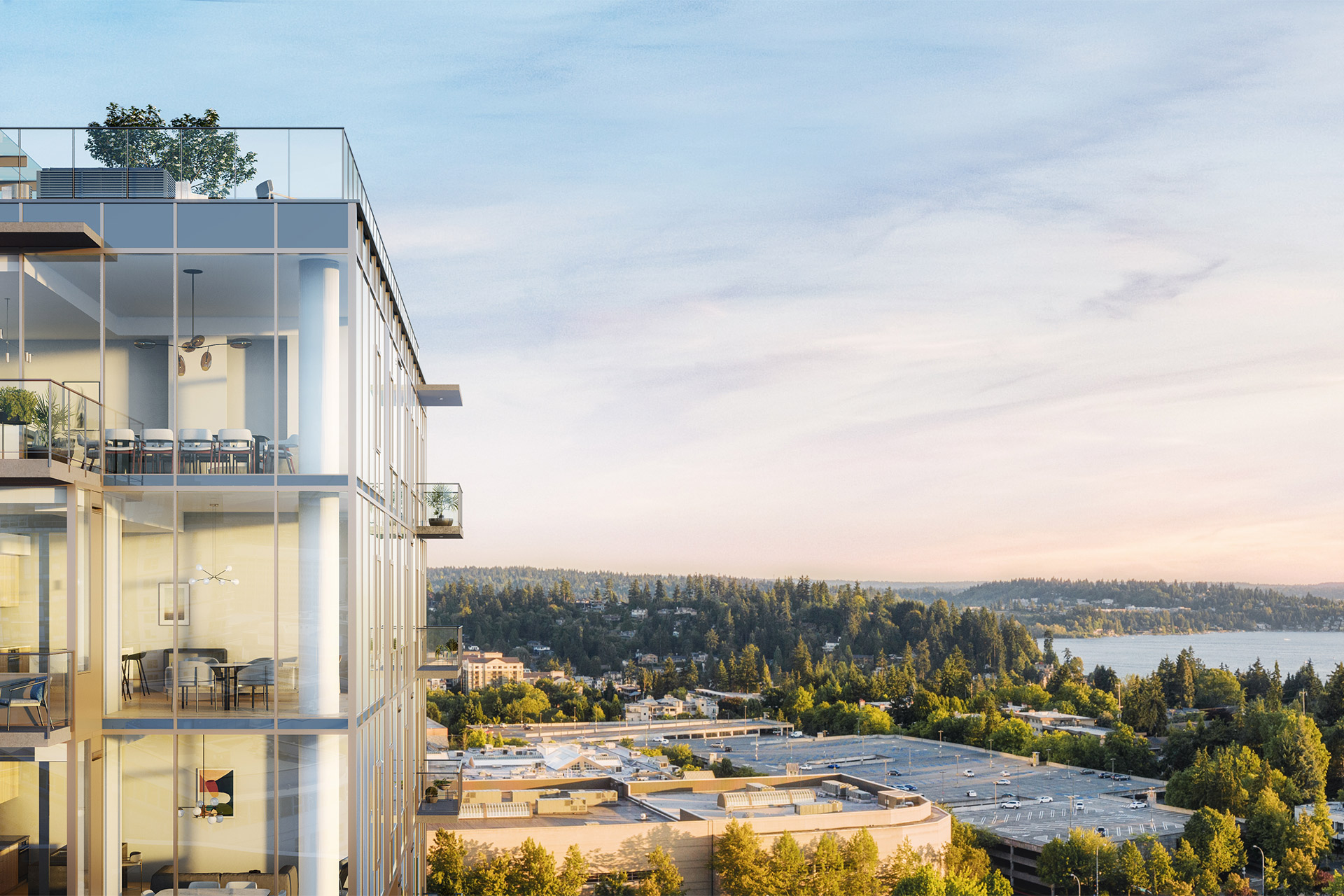 Hummingbird view of MARI Penthouse corner homes with view of Lake